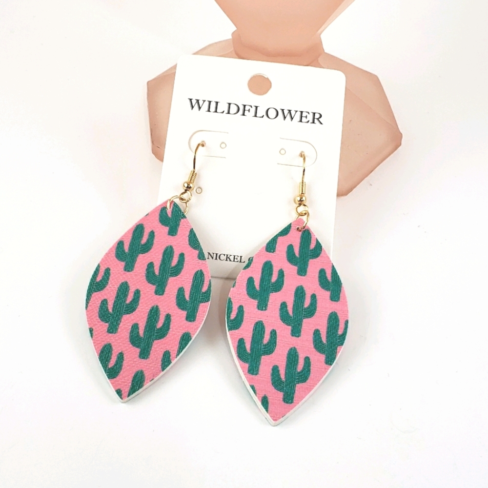 NWT Wildflower Cactus Print Faux Leather Earrings